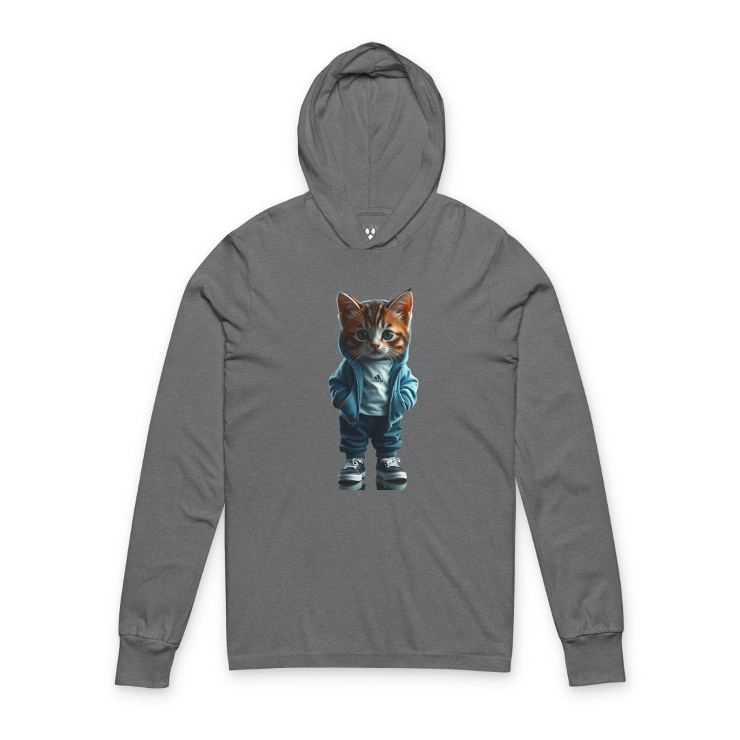3722298558622696701_2048.jpeg Gray hoodie featuring a cat in a blue jacket and sneakers.
