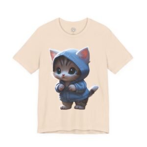 Cream t-shirt with a cute tabby kitten wearing a blue hooded jacket.