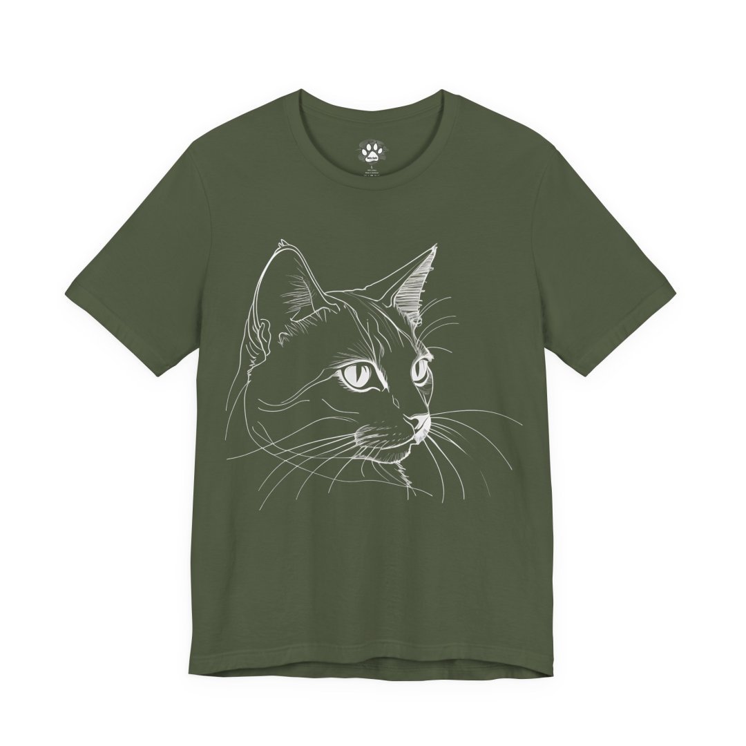 3784657909088083393_2048-1.jpeg Olive green T-shirt with a white line drawing of a cat's face.