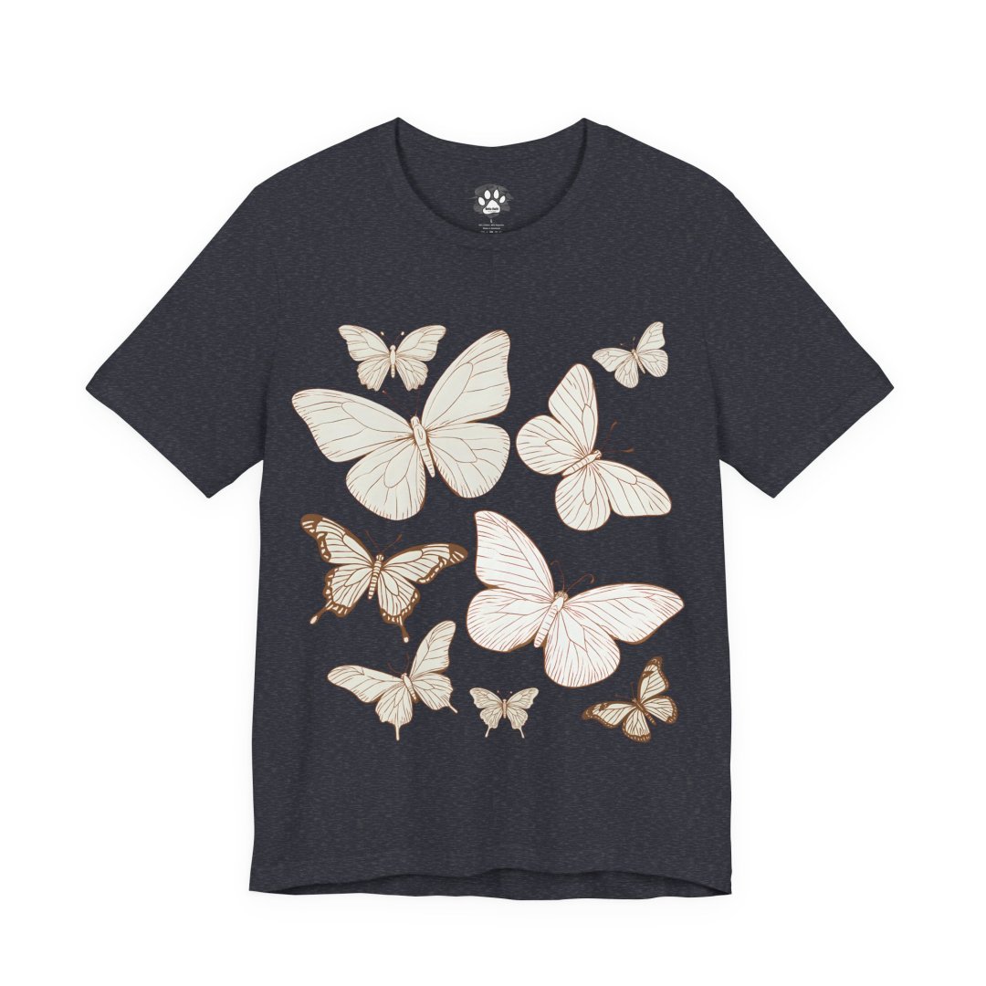 3857783451670185180_2048.jpeg Dark gray t-shirt with white and brown butterfly illustrations.