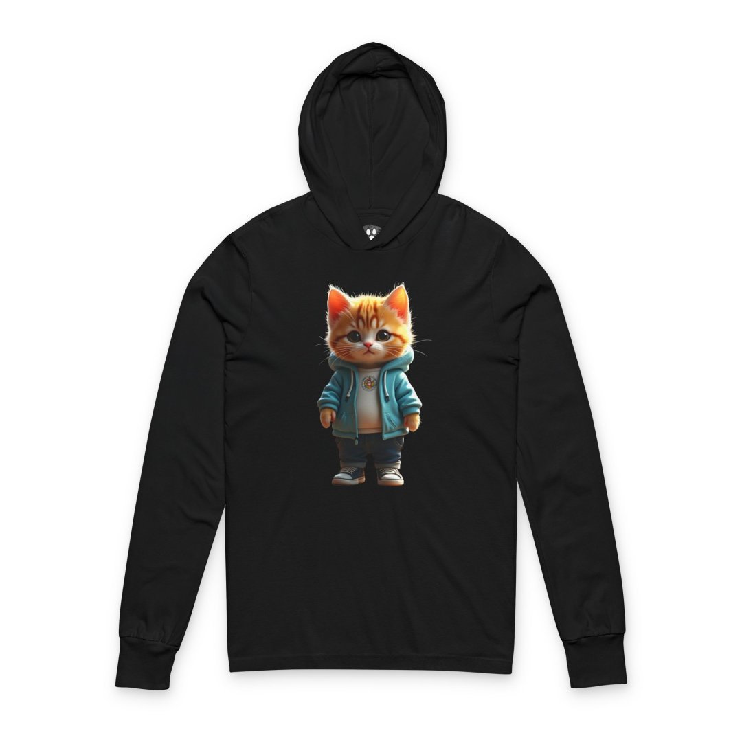 3882425284782168518_2048.jpeg Black hoodie with a cute cat in a blue jacket printed on it.