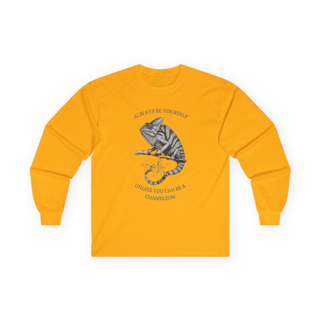 3925221618887320922_2048.jpeg Yellow long-sleeve shirt with chameleon graphic and text.