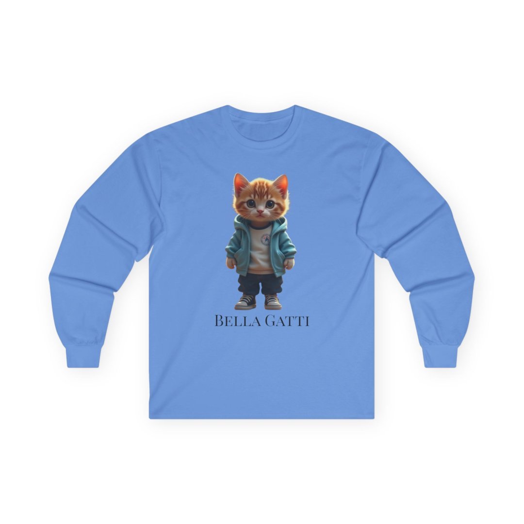 3985554908282724881_2048.jpeg Blue long-sleeve shirt with a cute cat in a jacket and Bella Gatti text.