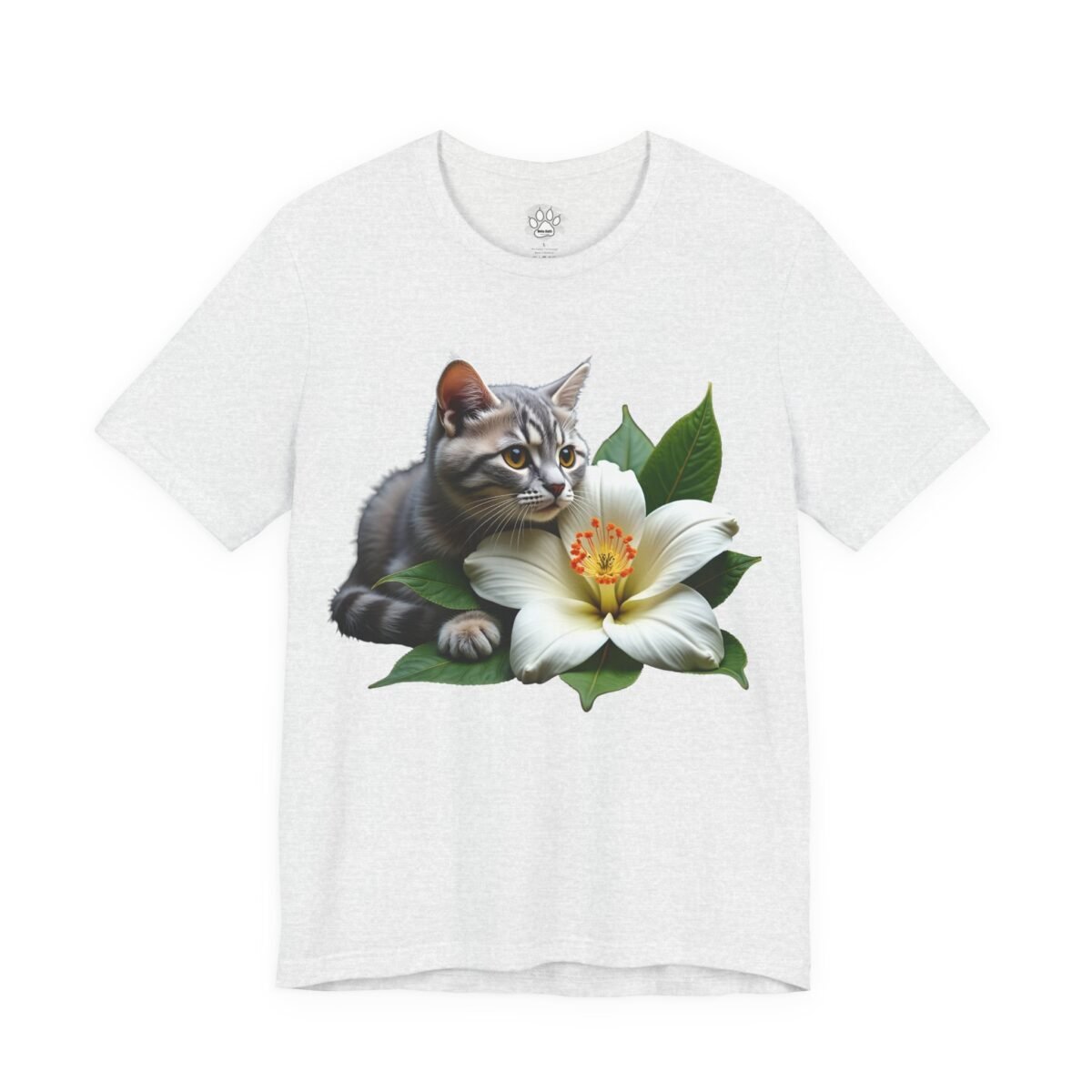 4052282552506895766_2048.jpeg Light grey heather t-shirt with a grey tabby kitten and white lily design.