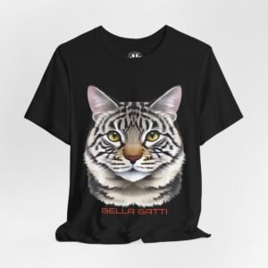 Bella Gatti Tabby Portrait T-shirt Bella Gatti Regal Tabby Unisex Graphic Tee. Black t-shirt featuring a graphic of a striped cat's head and the words "BELLA GATTI" in red.