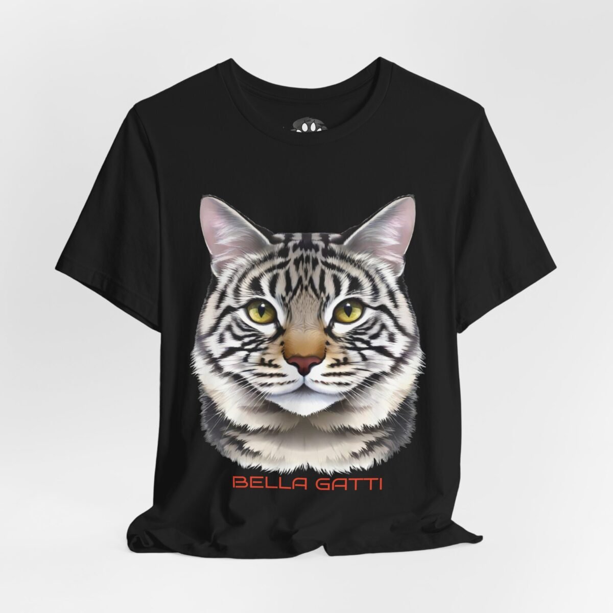 Bella Gatti Regal Tabby Unisex Graphic Tee. Black t-shirt featuring a graphic of a striped cat's head and the words "BELLA GATTI" in red.