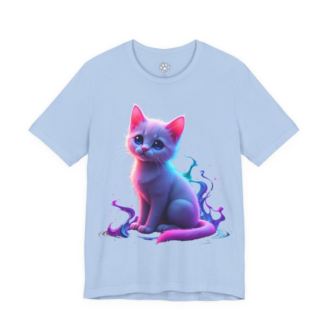 4334144338367482590_2048.jpeg Light blue t-shirt with a colorful, artistic kitten design.