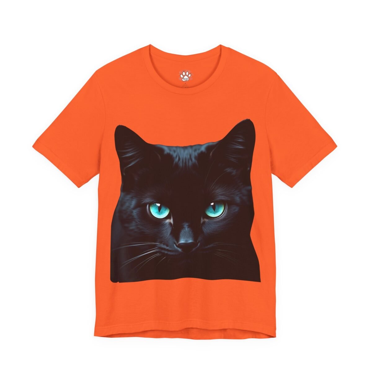 4354750929345602084_2048.jpeg Orange t-shirt featuring a black cat with vivid blue eyes.