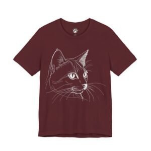 Minimalist Cat Line Art Unisex Graphic Tee Minimalist Cat Line Art Unisex Graphic Tee. Maroon t-shirt with a white line drawing of a cat's face.