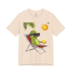 Shellmates: Kitten & Snail Unisex Graphic T-Shirt Cream t-shirt featuring a cartoon green bird in sunglasses relaxing on a beach chair with a drink, surrounded by sun. Summer Vibes Unisex T-Shirt