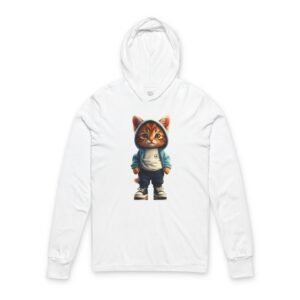 Cool Streetwear Kitten Long-Sleeve Hooded T-Shirt. White hoodie with a cute cat in a hoodie and sneakers design.