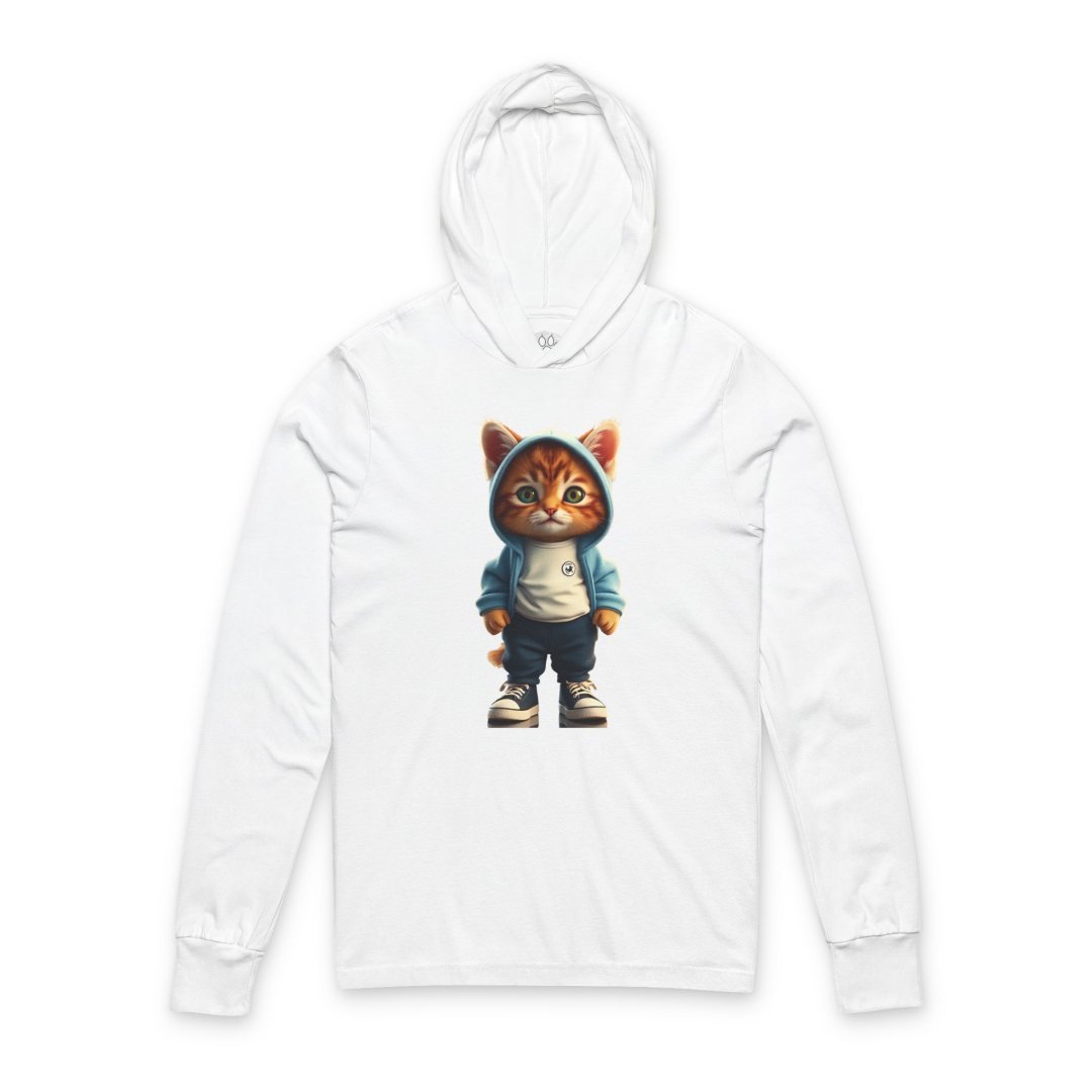 Cool Streetwear Kitten Long-Sleeve Hooded T-Shirt. White hoodie with a cute cat in a hoodie and sneakers design.