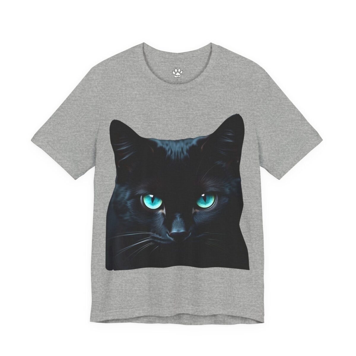 4810305356770228507_2048.jpeg Grey t-shirt with a black cat's head and bright blue eyes.