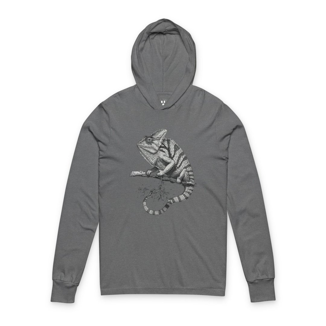 4952875669732229402_2048.jpeg Gray hoodie with a detailed chameleon illustration on the front.