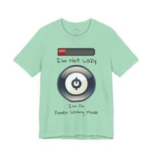 Shellmates: Kitten & Snail Unisex Graphic T-Shirt Mint green t-shirt with power saving mode design and text. Power Saving Mode Graphic Tee