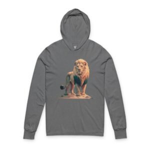 Lion Graphic Hooded Long-Sleeve Tee Gray triblend Lion Graphic Hooded Long-Sleeve Tee featuring a realistic standing lion illustration on a lightweight hooded cotton shirt designed for wildlife lovers, safari enthusiasts, and casual everyday wear.