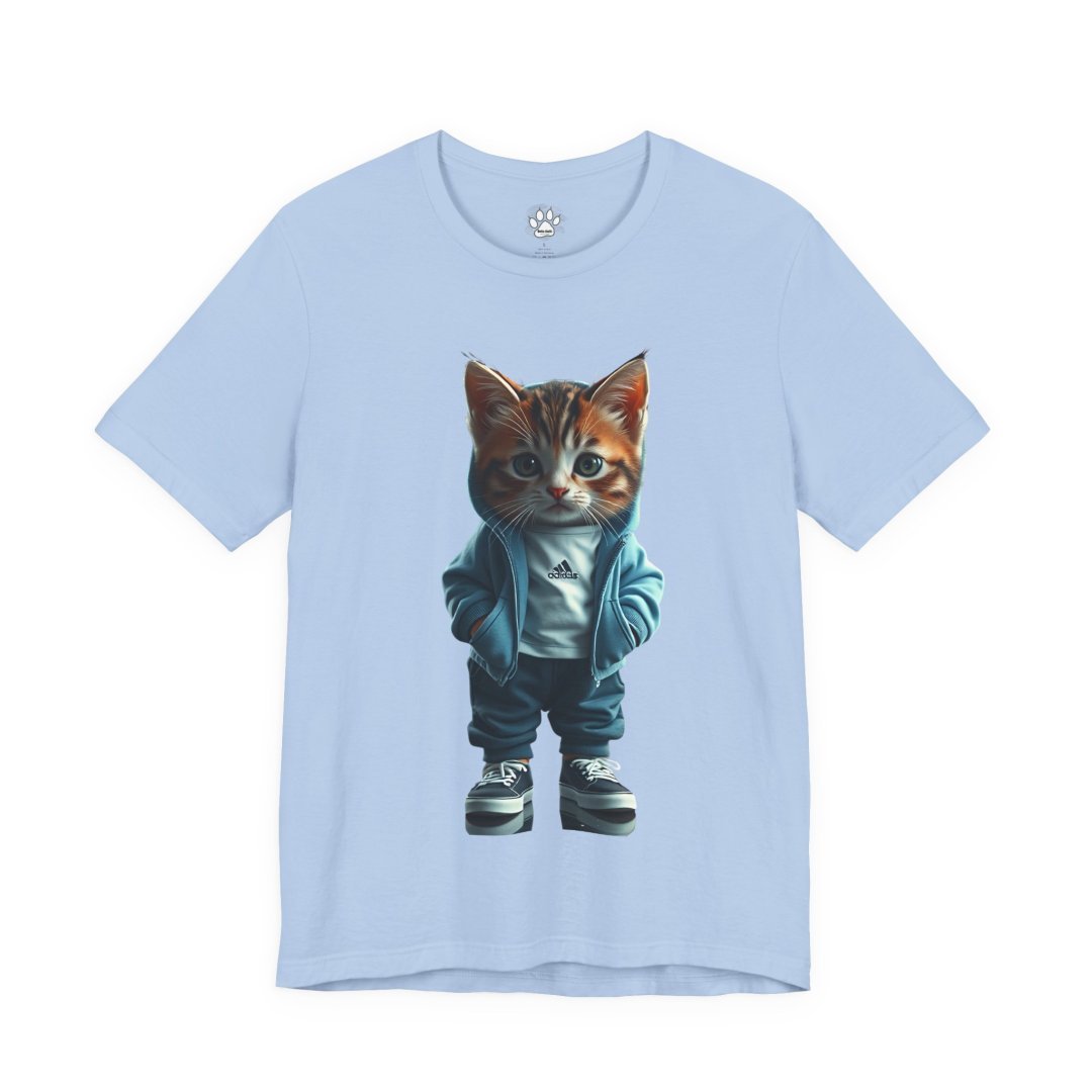 5299619866314801091_2048.jpeg Light blue t-shirt with a cute cat in a hoodie and sneakers design.