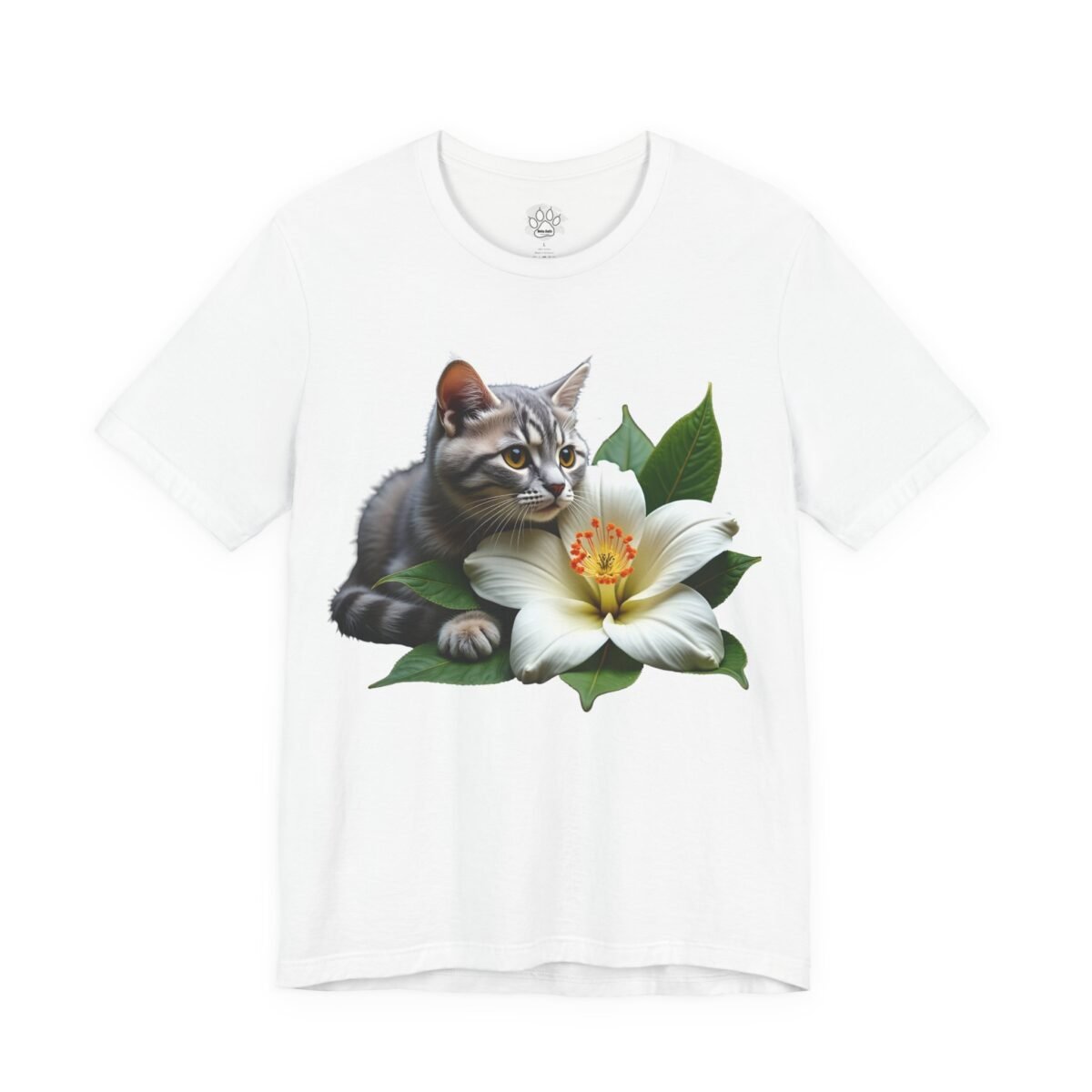 5334457076187473536_2048.jpeg White t-shirt with a gray tabby kitten alongside a large white flower and green leaves.