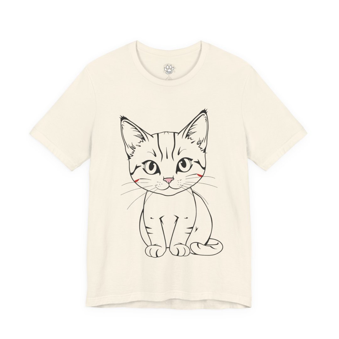 Cute Cat Line Art Unisex T-Shirt. Beige t-shirt with a cute cat illustration on the front.