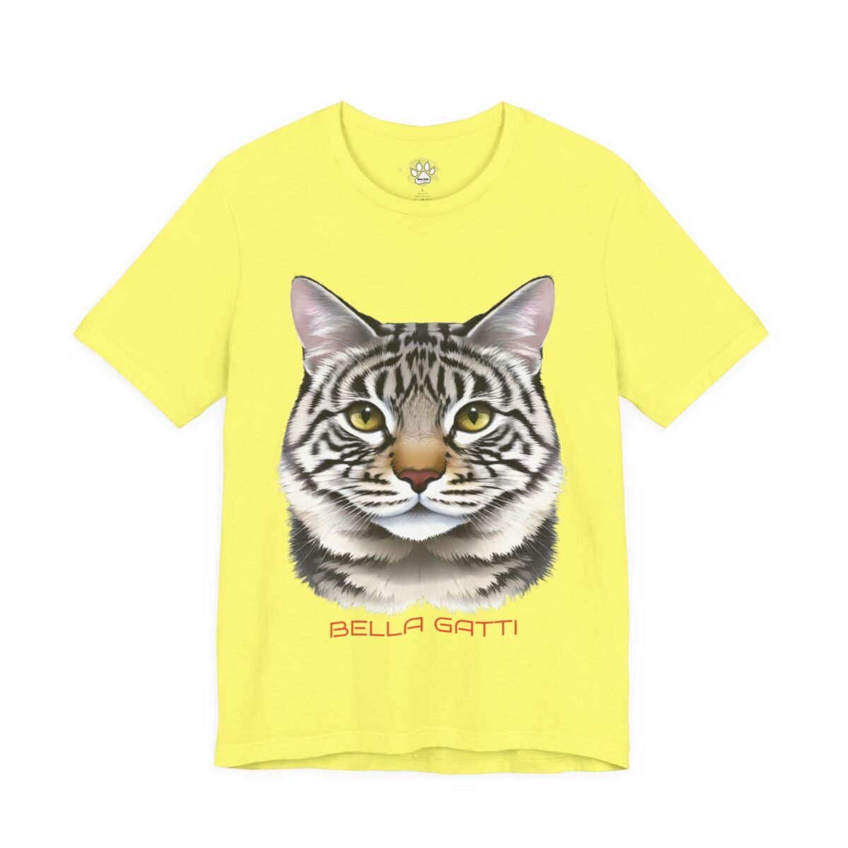 5581044516162272948_2048-1.jpeg Yellow t-shirt with a tabby cat face and "BELLA GATTI" in red text.