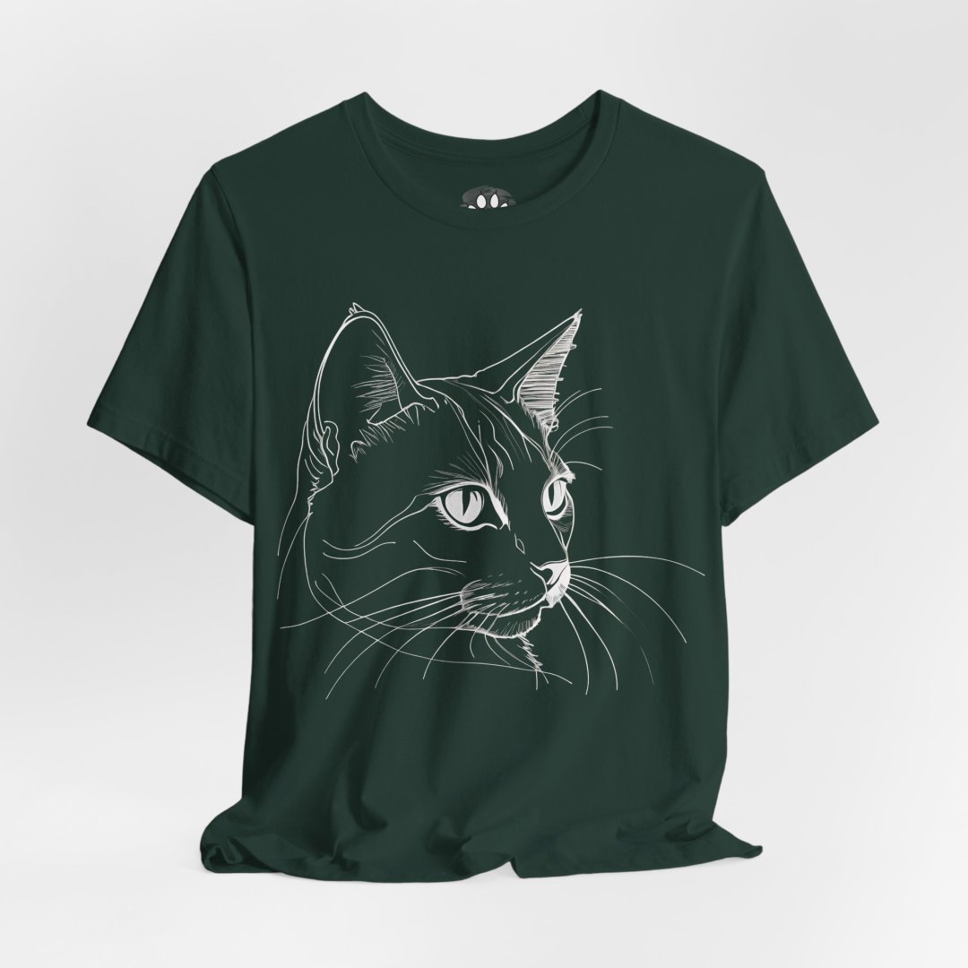 5620684019303085331_2048-1.jpeg Dark green t-shirt with a white line drawing of a cat's face.