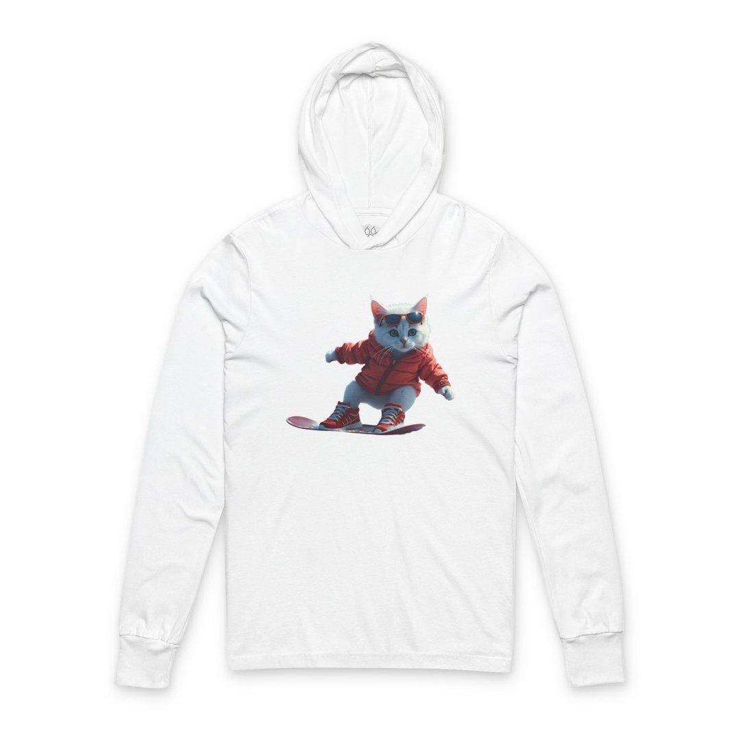 6068681188486693331_2048.jpeg White hoodie with a cat snowboarding design.