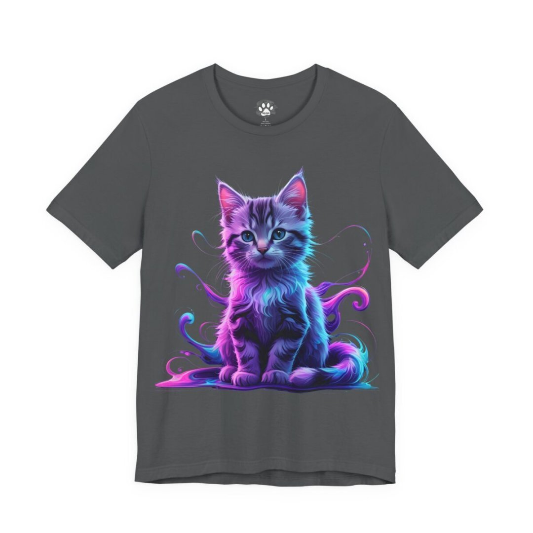 6120964156454416593_2048.jpeg T-shirt with a colorful neon kitten design on a dark background.