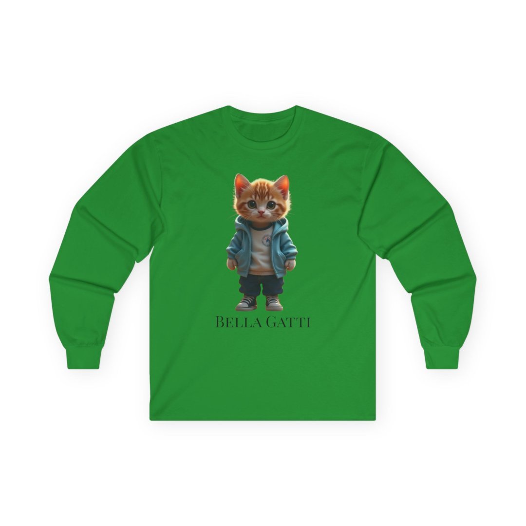 6234355032507849498_2048.jpeg Green long-sleeve shirt with a cute cat in a jacket and Bella Gatti text.