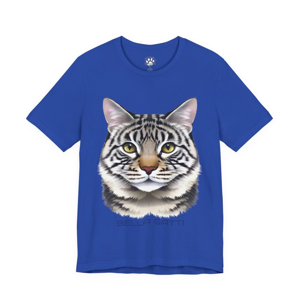 625159947990751631_2048-3.jpeg Blue t-shirt with a striped cat face graphic and "BELLA GATTI" text.