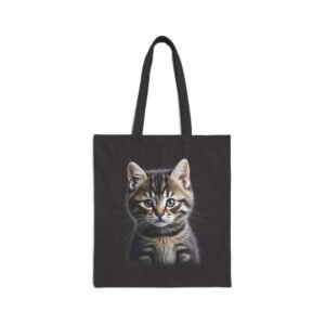 Tabby Cat & Lily Floral Cotton Canvas Tote Bag Kitten Portrait Cotton Tote Bag. Black tote bag with a cute kitten illustration.