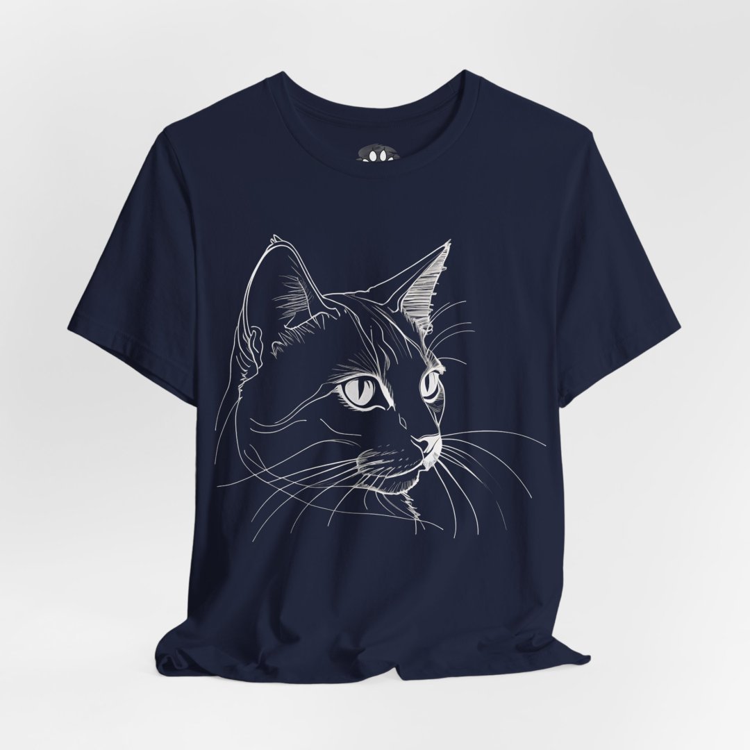6324966442626925692_2048-1.jpeg Navy blue t-shirt with a white line drawing of a cat's face.