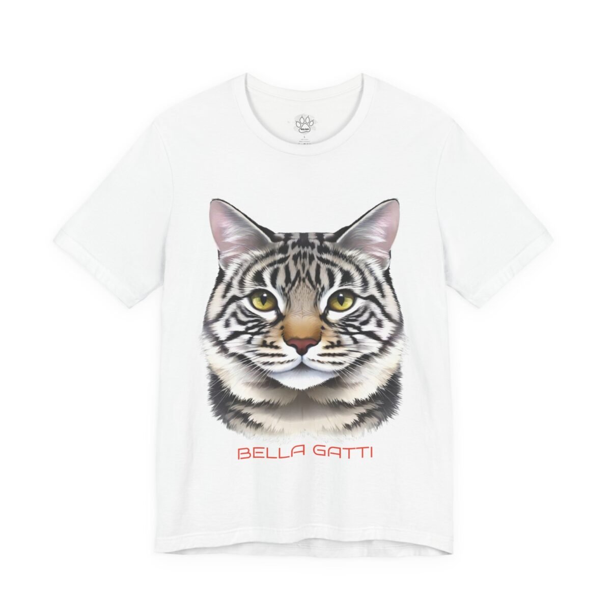 6502086508819955201_2048-1.jpeg White t-shirt with a detailed tabby cat face and "BELLA GATTI" text.