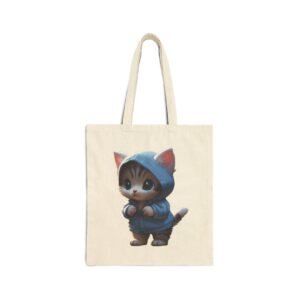 Moonlit Cats Cotton Canvas Tote Bag Hoodie Kitten Tote Bag. Cute kitten wearing a blue hoodie printed on a beige tote bag.