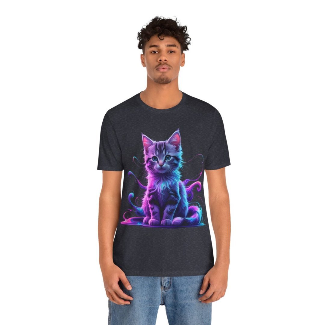 6664792436783727867_2048.jpeg Man wearing a t-shirt with a colorful neon cat design.