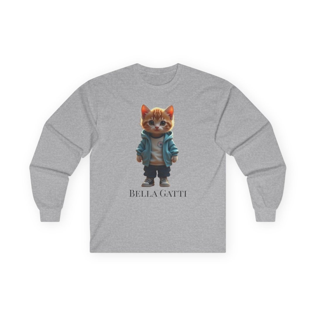 6835083308370040926_2048.jpeg Gray long-sleeve shirt with a cute cat in a hoodie design.