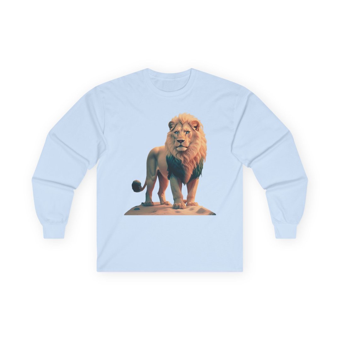 7212854898270973744_2048-1.jpeg Light blue long-sleeve shirt with a lion graphic on the front.