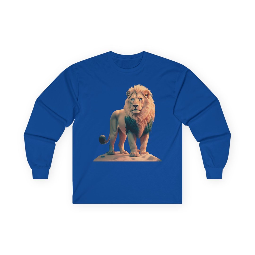 7231142296536901452_2048-1.jpeg Blue long-sleeve shirt with a white lion graphic featuring a green mane and blue eyes.