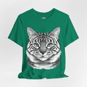 Bella Gatti Tabby Portrait T-shirt Tabby Portrait Unisex Graphic Tee. Green t-shirt with a realistic grayscale striped cat face.