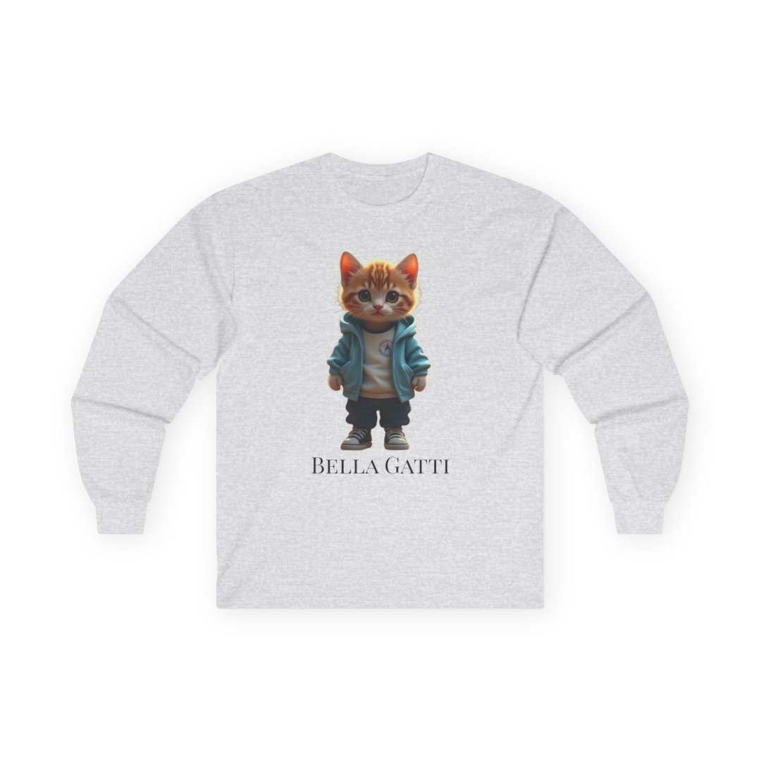 7370447874961995793_2048.jpeg Gray long-sleeve shirt with a cute cat in a jacket design.