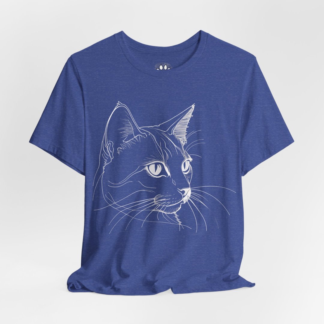 7385452996746474862_2048-1.jpeg Blue t-shirt with a white line drawing of a cat's face.