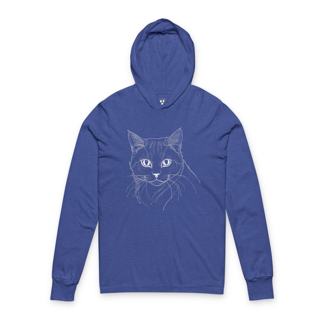 7476319730182707598_2048.jpeg Blue hoodie with a white line drawing of a cat's face.