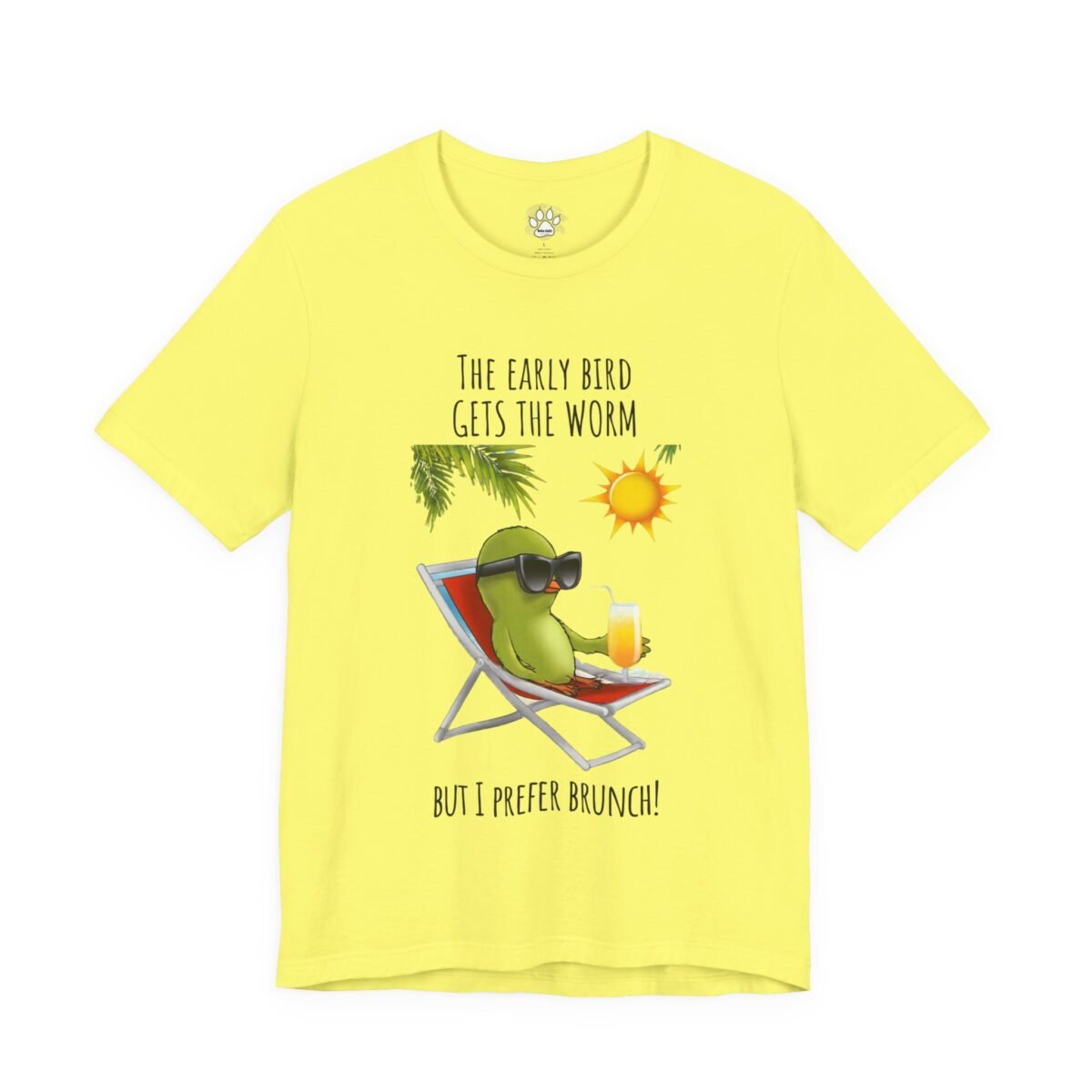 Yellow t-shirt featuring a cartoon bird in sunglasses relaxing in a beach chair with a drink, with the text. Lazy Brunch Bird T-Shirt