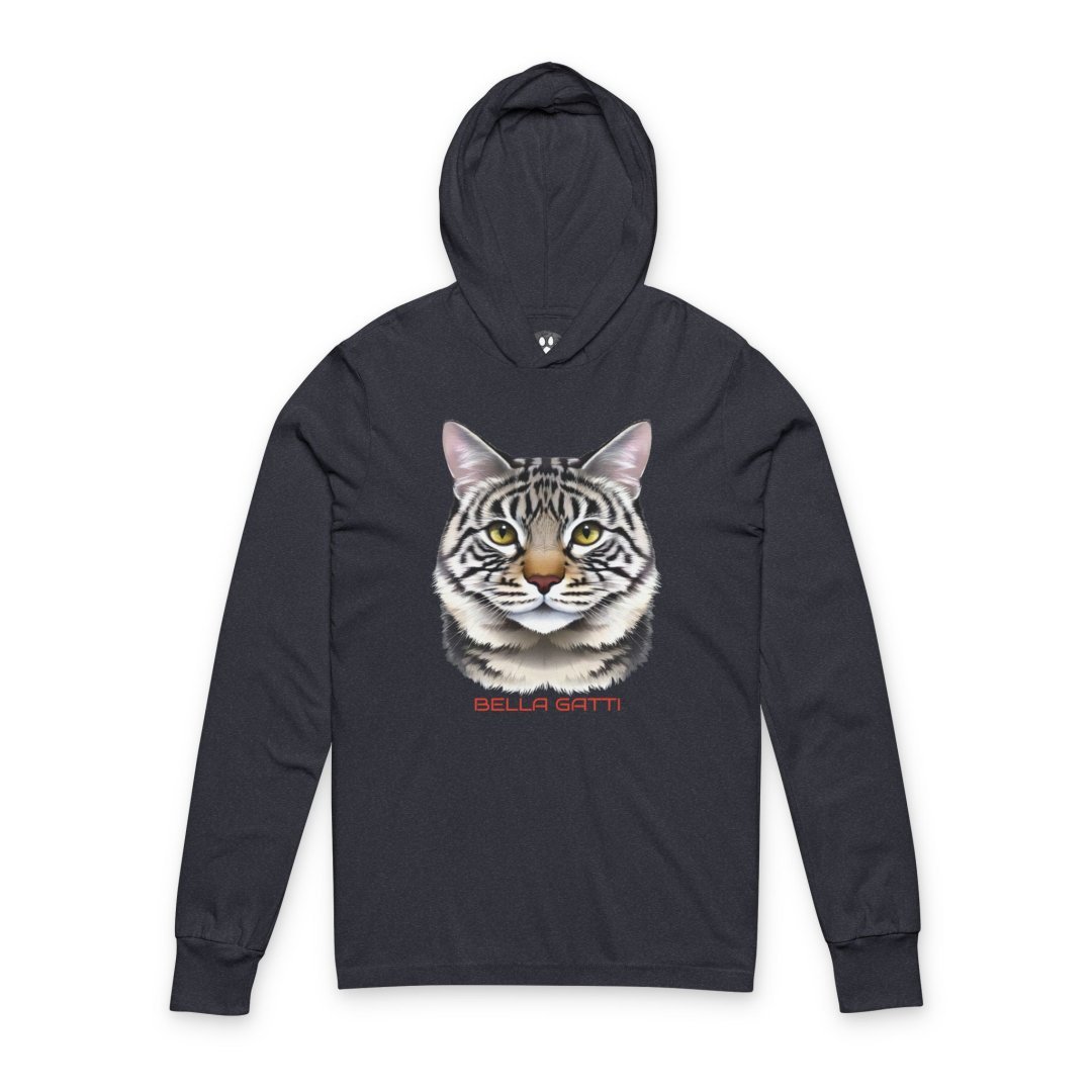 7904898229641340949_2048.jpeg Black hoodie featuring a realistic cat face design and Bella Gatti logo.