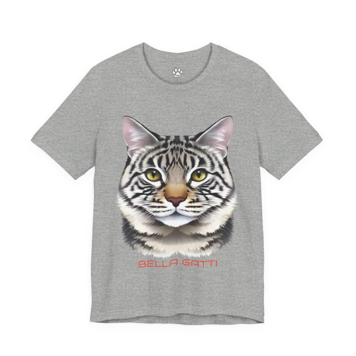 8004579185095091882_2048-1.jpeg Grey t-shirt with a striped cat head and red "BELLA GATTI" text.