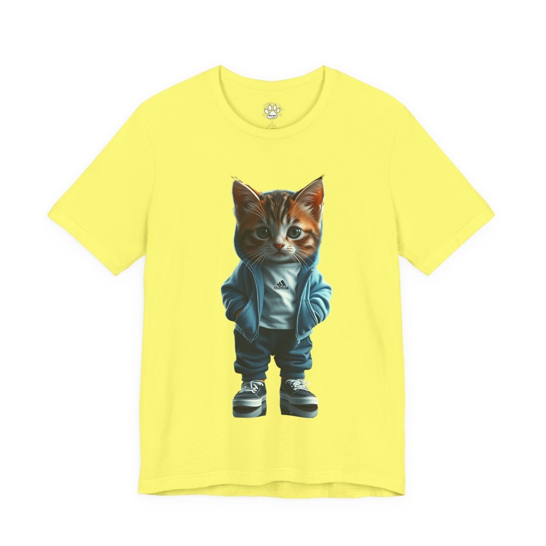 8529572081399835029_2048.jpeg Yellow T-shirt with a cute cat in a hoodie and sneakers.