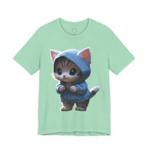 Hoodie Kitten Graphic Tee. Cute kitten in a hoodie on a mint green T-shirt.