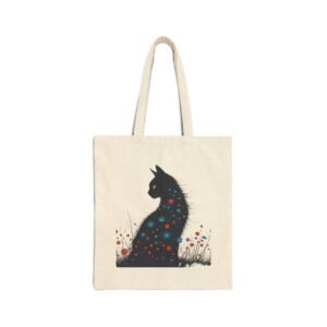Floral Crown Kitten Tote Bag Black Cat Wildflower Canvas Tote Bag. Canvas tote bag with a black cat design featuring colorful flowers.