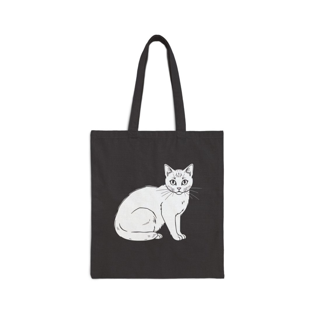 Cat Illustration Tote Bag. Black tote bag with a white cat illustration.