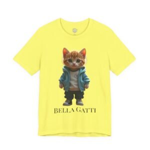 Bella Gatti Streetwear Kitten Unisex T-Shirt. Yellow t-shirt featuring a cute ginger kitten in a blue hoodie with the text "BELLA GATTI".