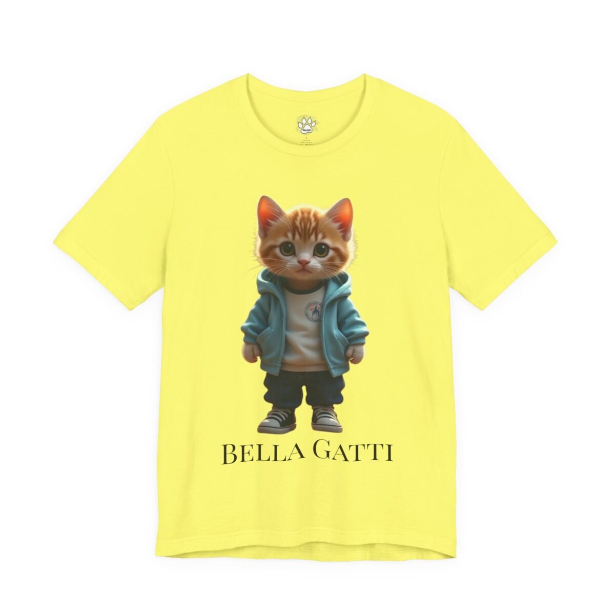 Bella Gatti Streetwear Kitten Unisex T-Shirt. Yellow t-shirt featuring a cute ginger kitten in a blue hoodie with the text "BELLA GATTI".
